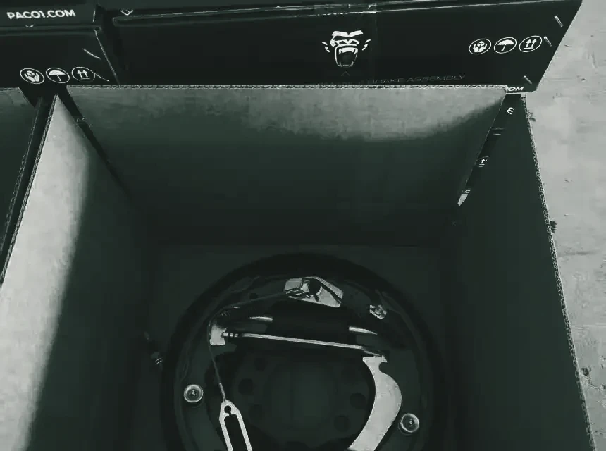 A brake assembly opened for floor inspection